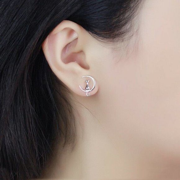 New Beautiful Sterling Silver Cat on the Moon Earrings - Picture 2 of 2
